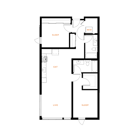 Floor plan for 2 beds, 2 baths, 1011 sqft